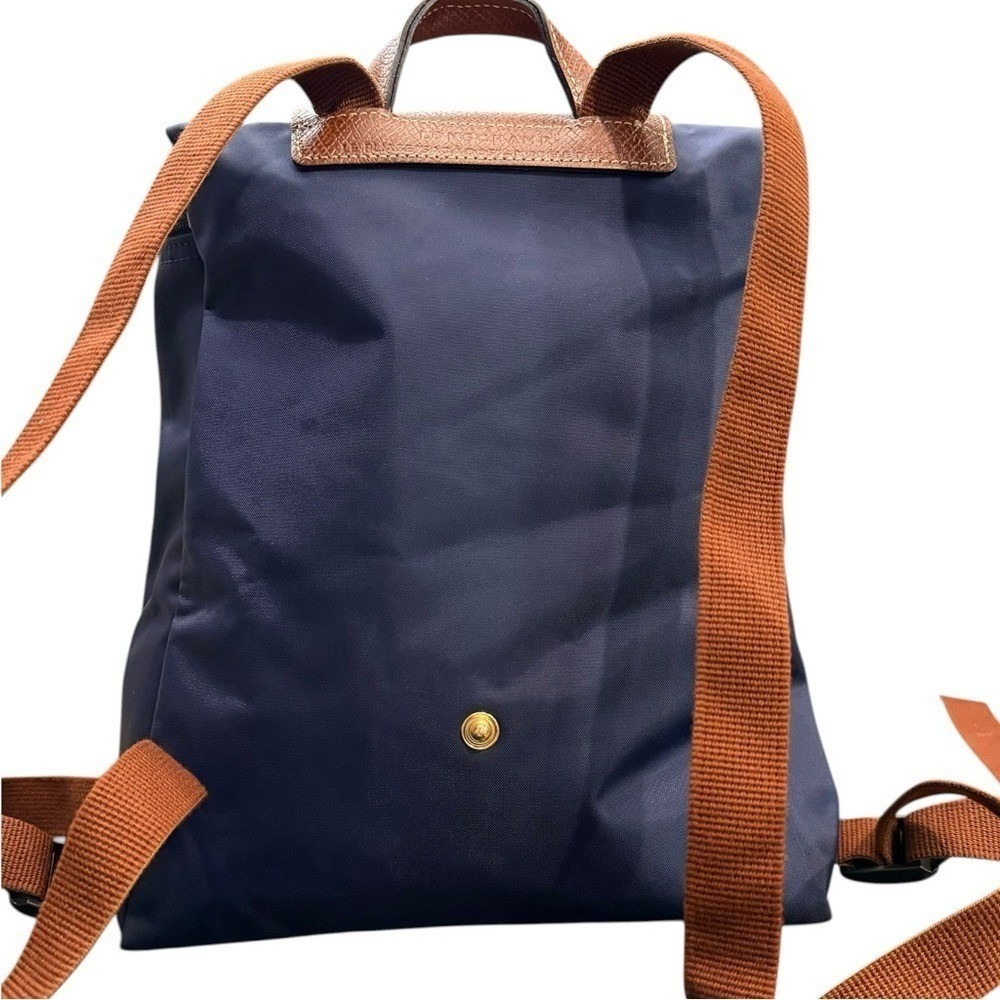 New Longchamp Le Pliage Folding Original M Backpack Navy Blue / Brown Leather - Picture 2 of 7